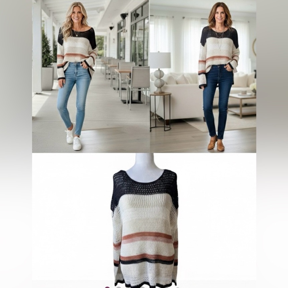 ✨Laura Nautical  Open Weave Knit Sweater Quiet Luxury Crochet Top Size L✨